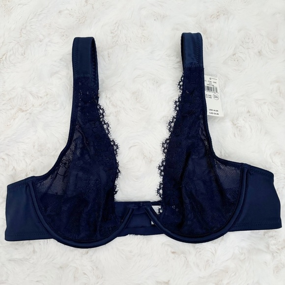 Aerie Show Off Plunge Bra 34B Unlined Lace Navy Blue NEW NWT - Picture 2 of 9